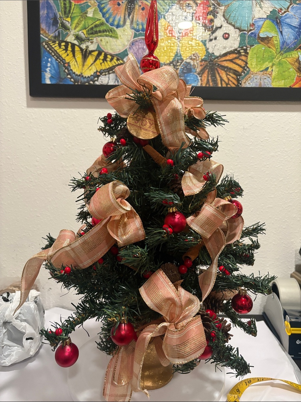 21” -Green Artificial Holiday Tree with Gold & Red & Ribbon Accents
